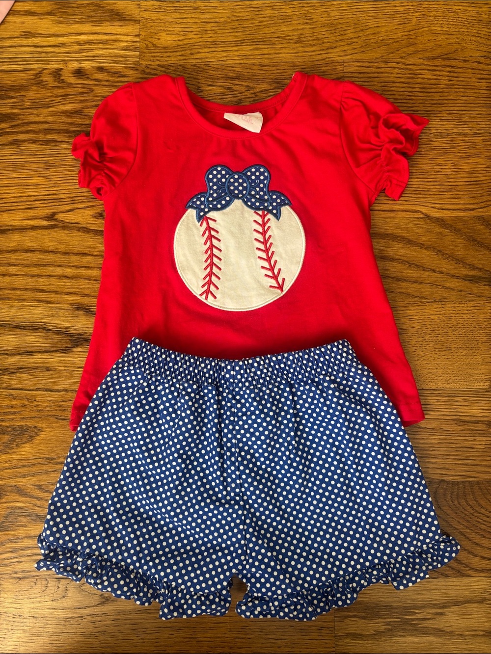 Girls Red Baseball Graphic Tee with Navy Polka Dot Shorts